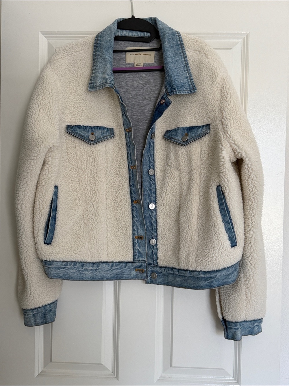 Pilcro and the Letterpress Cream Sherpa Jacket with Light Blue Denim Trim